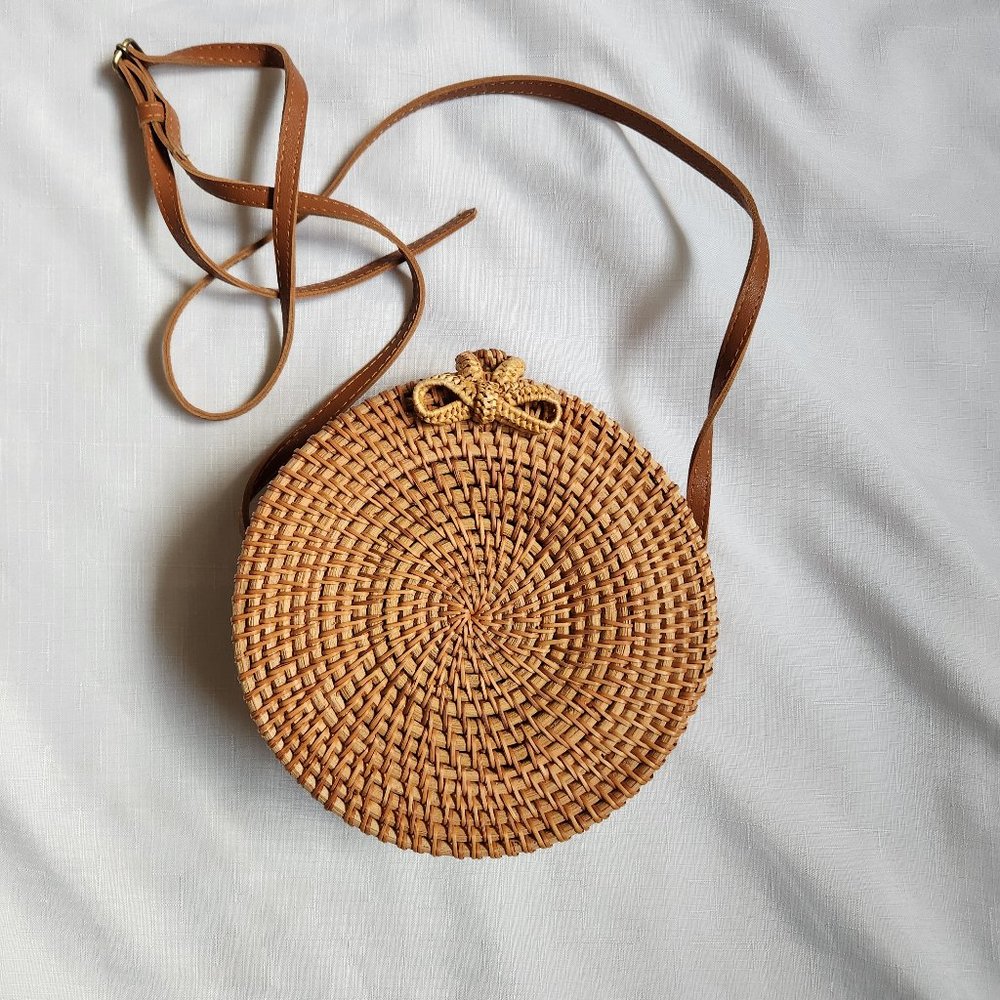 Handwoven Round Rattan Shoulder Bag Real Leather Strap